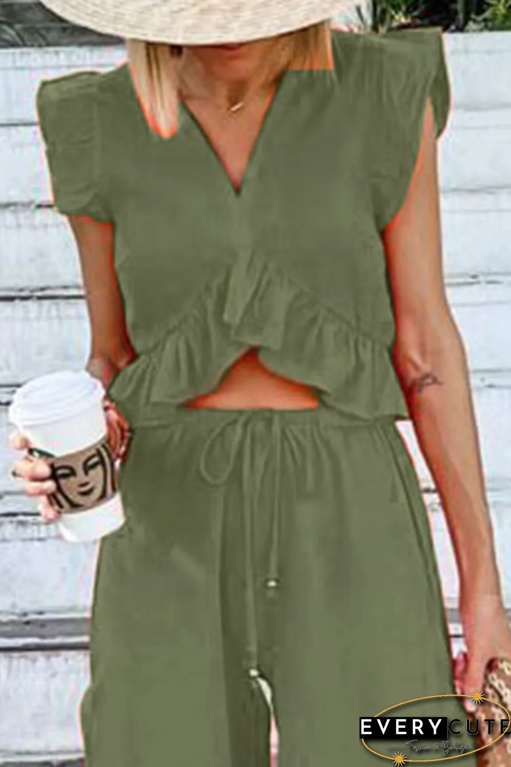 Casual Solid Flounce V Neck Sleeveless Two Pieces(9 Colors)