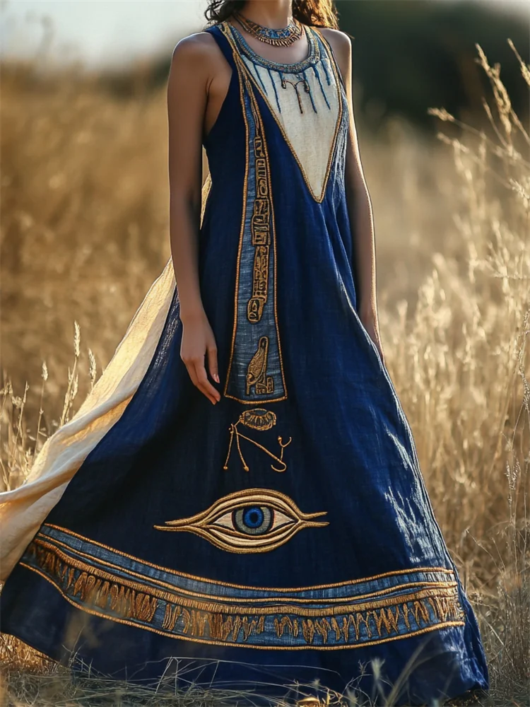 Eye Of Horus Ancient Egyptian Embroidered Contrast Linen Maxi Dress