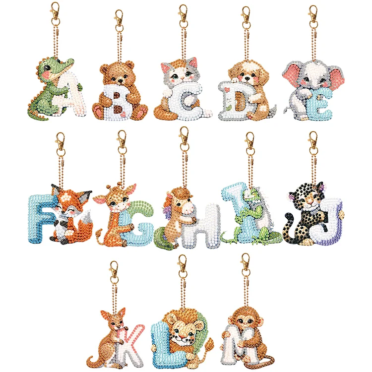 13Pcs Double Sided Special Shaped Letter Animal Full Drill Keyring for Beginners