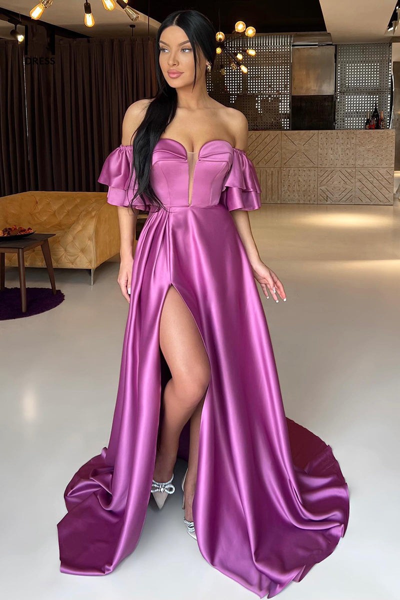 Bellasprom Purple Off-the-Shoulder Long Prom Dress Split Sweetheart On Sale Bellasprom