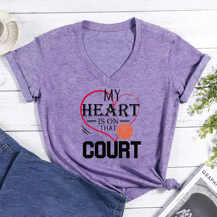 My Heart is on that Court Basketball V-neck T Shirt-Annaletters