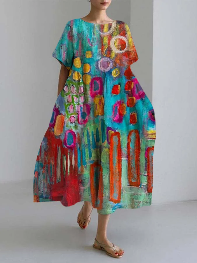 Women's retro colorful geometric print casual dress