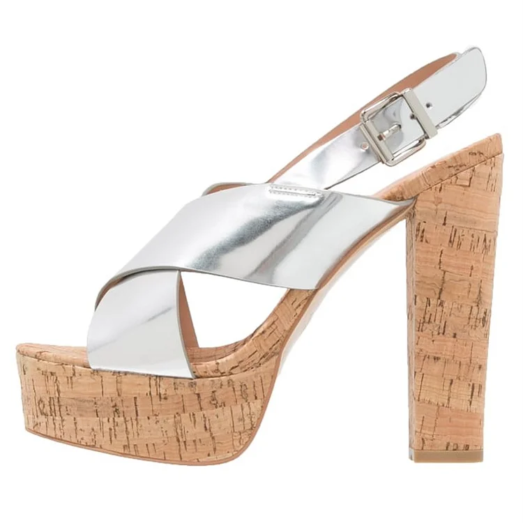 Silver Cork Chunky Heel Sandals Slingback Open Toe Platform Sandals |FSJ Shoes