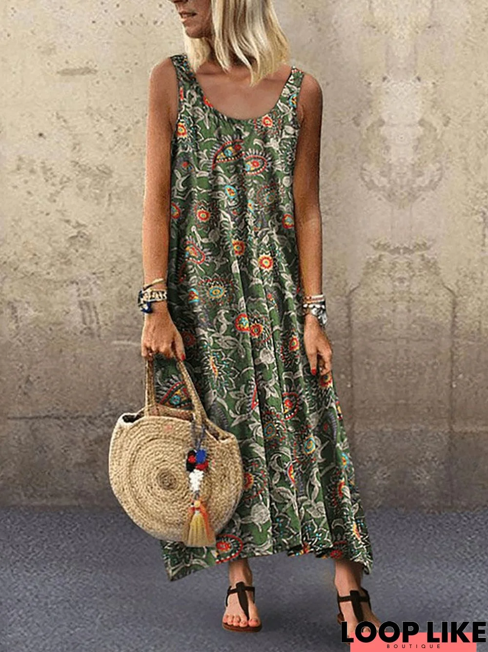 Floral Printed Hippie Sleeveless Maxi Vacation Dresses