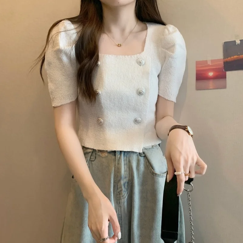 Uveng Uveng New French Gentle Style Design Double Buckle Bubble Sleeve T-Shirt Knitted Short Top