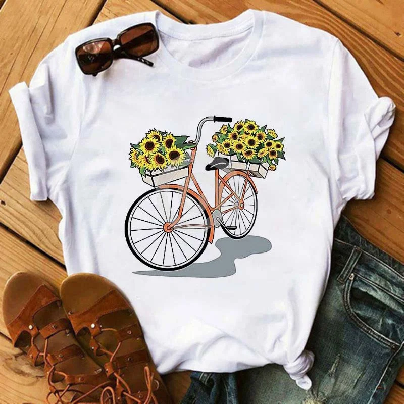 Bicycle with Sunflower Women Tshirt Summer Harajuku Short Sleeve White T Shirts Cartoon Casual Woman Tops Tees