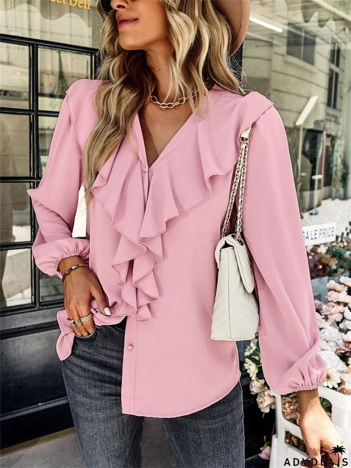 Temperament Commuter Solid Color Long-sleeved Slim Type Comfortable and Elegant V-neck Shirt Spring and Autumn Four Seasons Models Tops Female