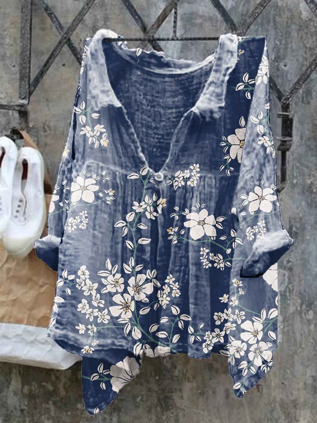 A-Line Cotton-Blend Long Sleeve Floral Shirts & Tops