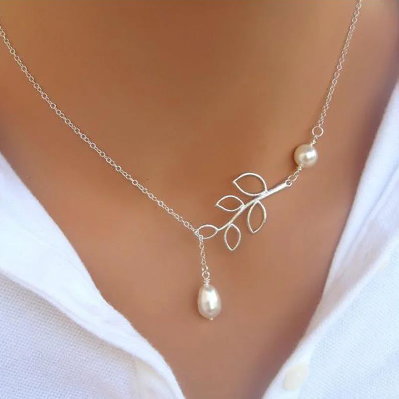 Personalized Leaf Pearl Water Drop Necklace