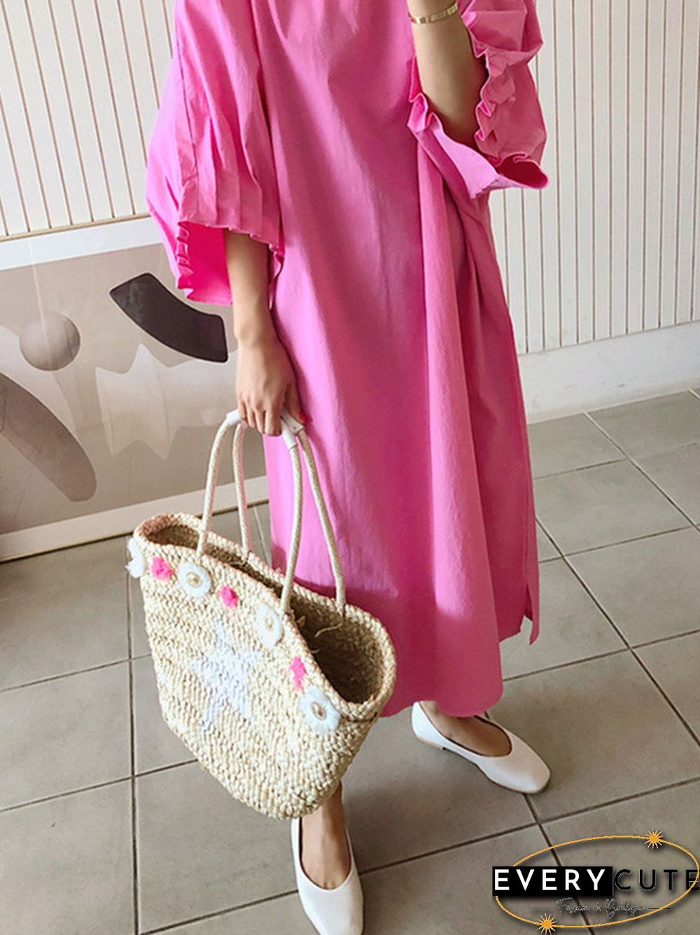 Causal Plus Size Pleated Raglan Sleeve V-Neck Midi Dress