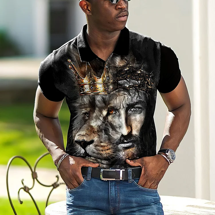 BrosWear Amazing Lion And Jesus Art Print Short Sleeve Polo Shirt