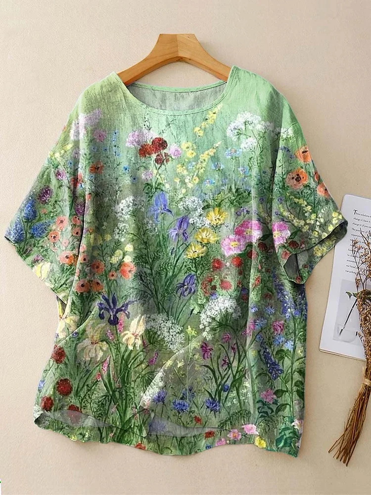 Women's Vintage Floral Pattern Art Print Casual Cotton Linen Crew Neck Shirt