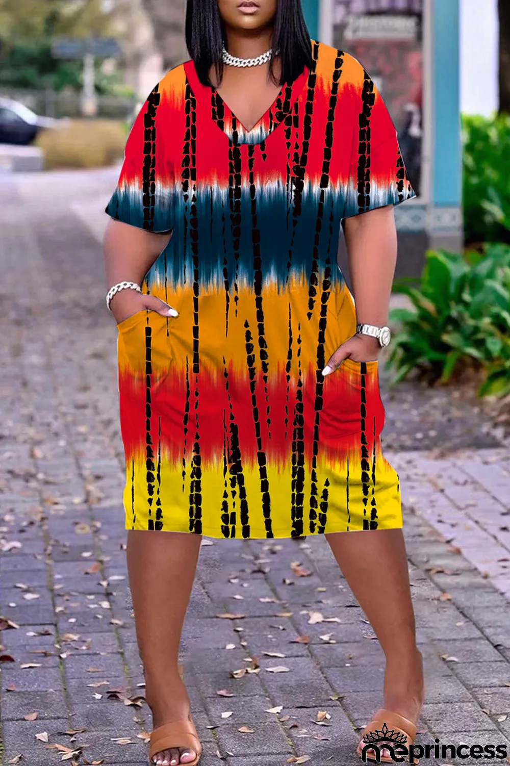 Orange Red Casual Print Patchwork Basic V Neck Short Sleeve Dress