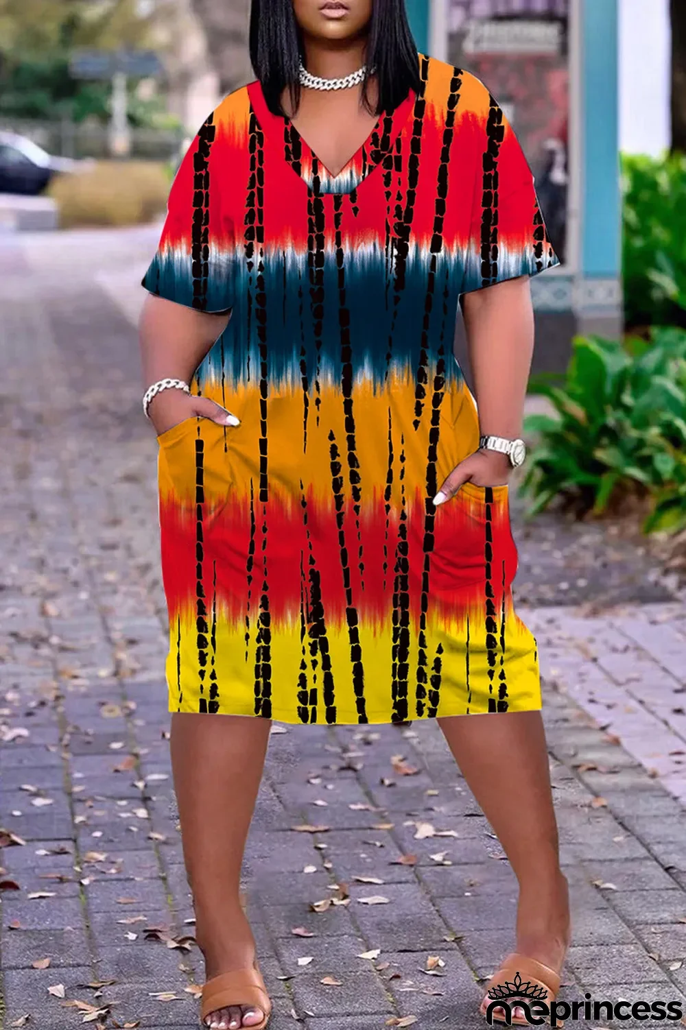 Orange Red Casual Print Patchwork Basic V Neck Short Sleeve Dress