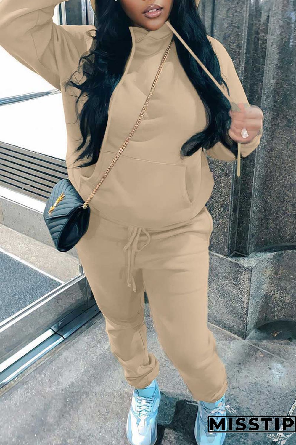 Blue Casual Solid Patchwork Hooded Collar Long Sleeve Two Pieces