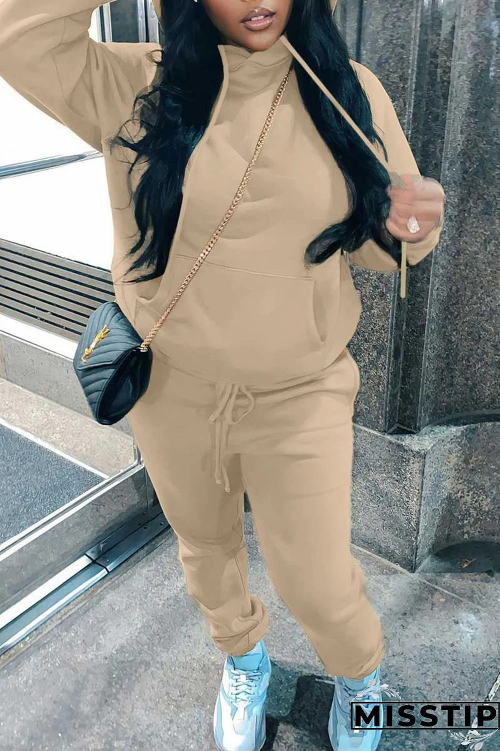 Blue Casual Solid Patchwork Hooded Collar Long Sleeve Two Pieces