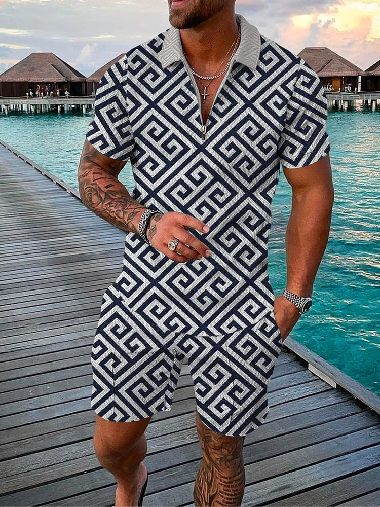 Men's Fashion Printed Zip Polo Shirt and Shorts Two-Piece Suits