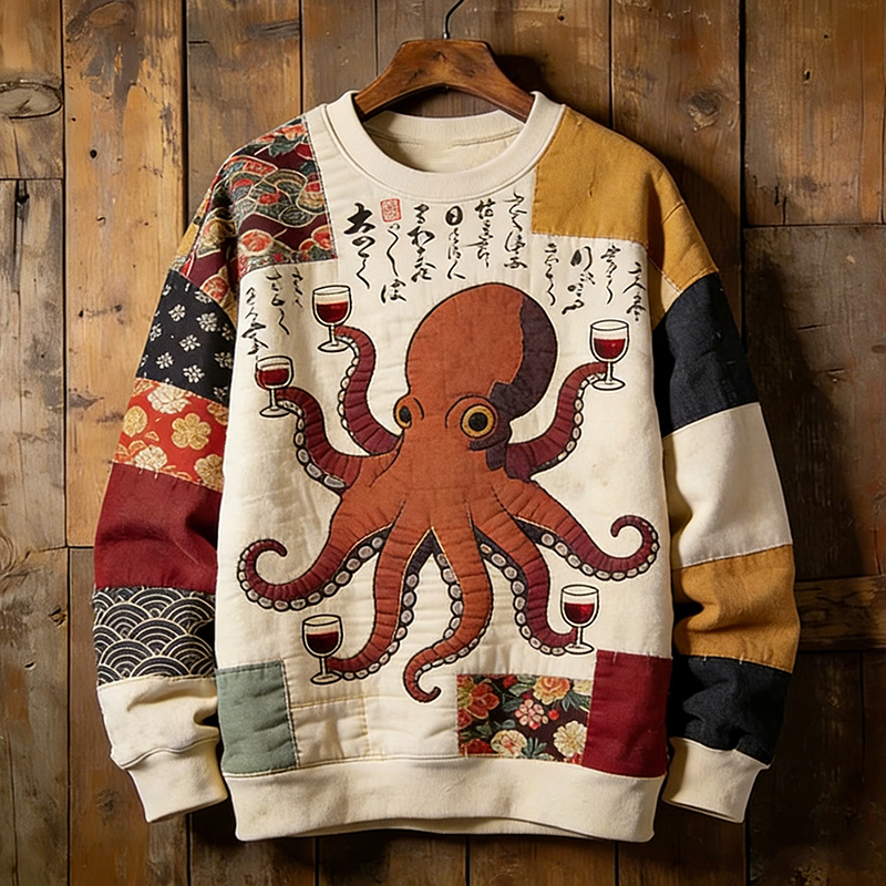 Men's Retro Octopus Japanese Art Patchwork Print Casual Sweatshirt  artssus