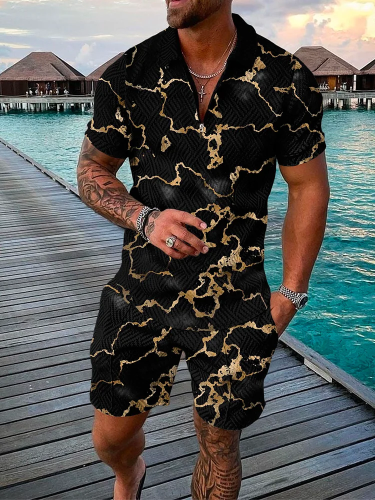 Men's Gold Foil Printing Polo Suit