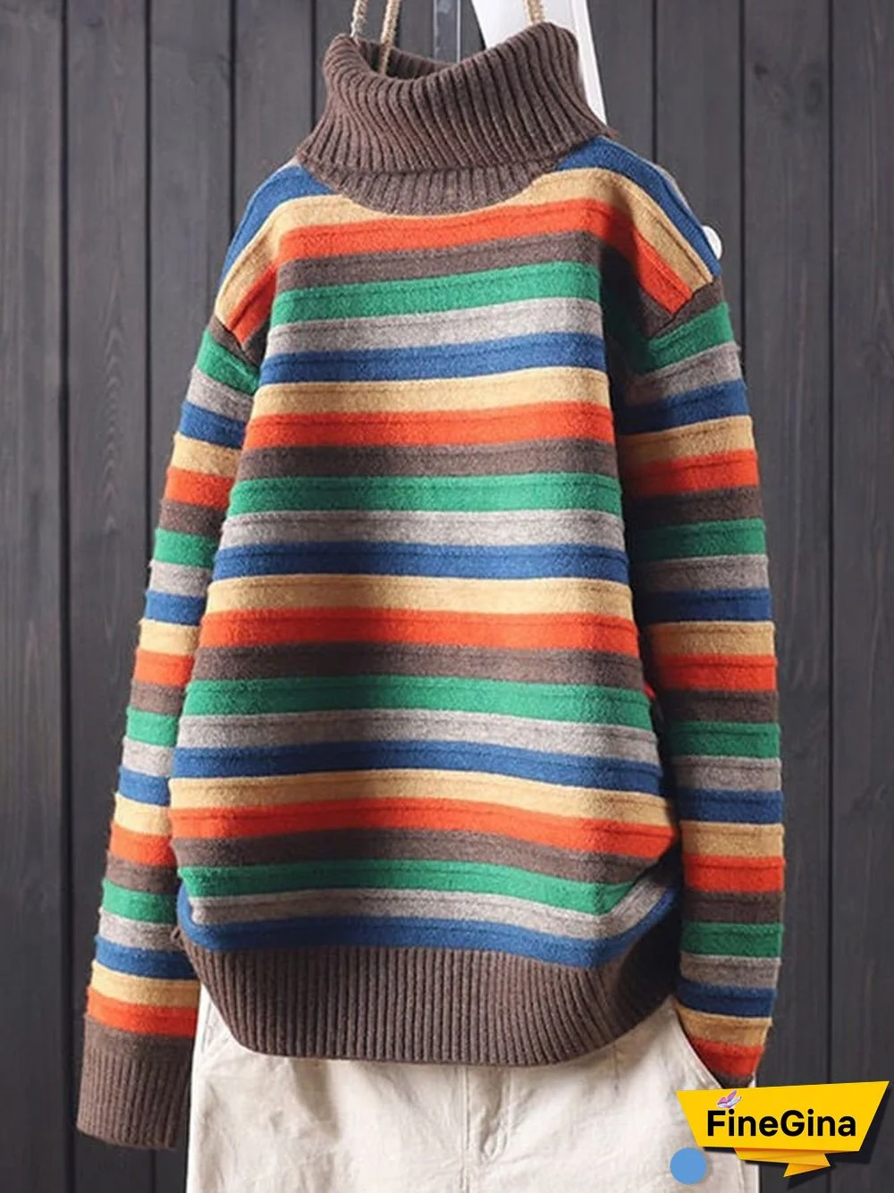 Women's Retro Colorful Striped Loose Lazy Style Turtleneck Knitted Sweater