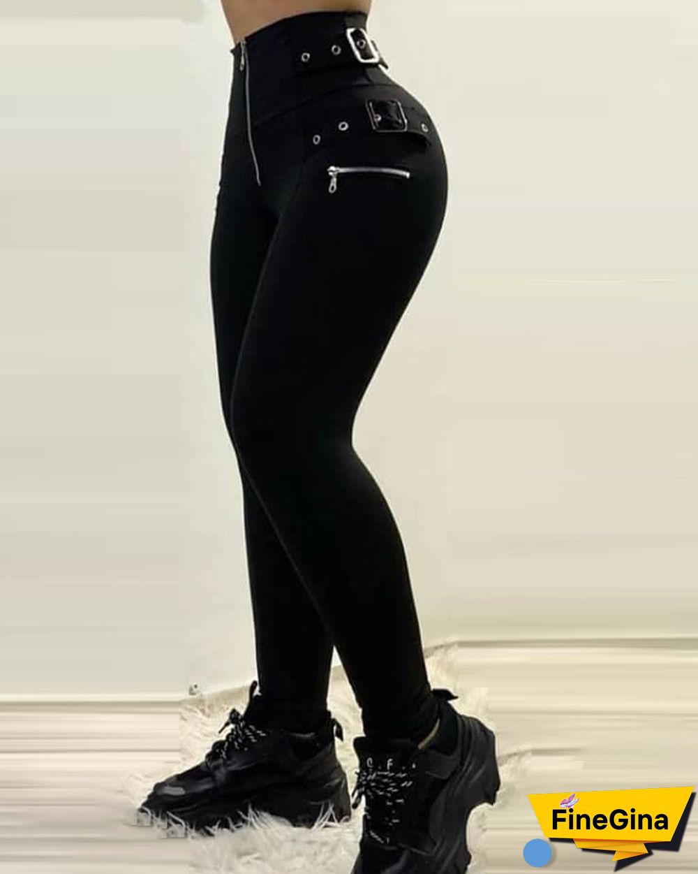 Zipper Design Eyelet Buckled High Waist Pants