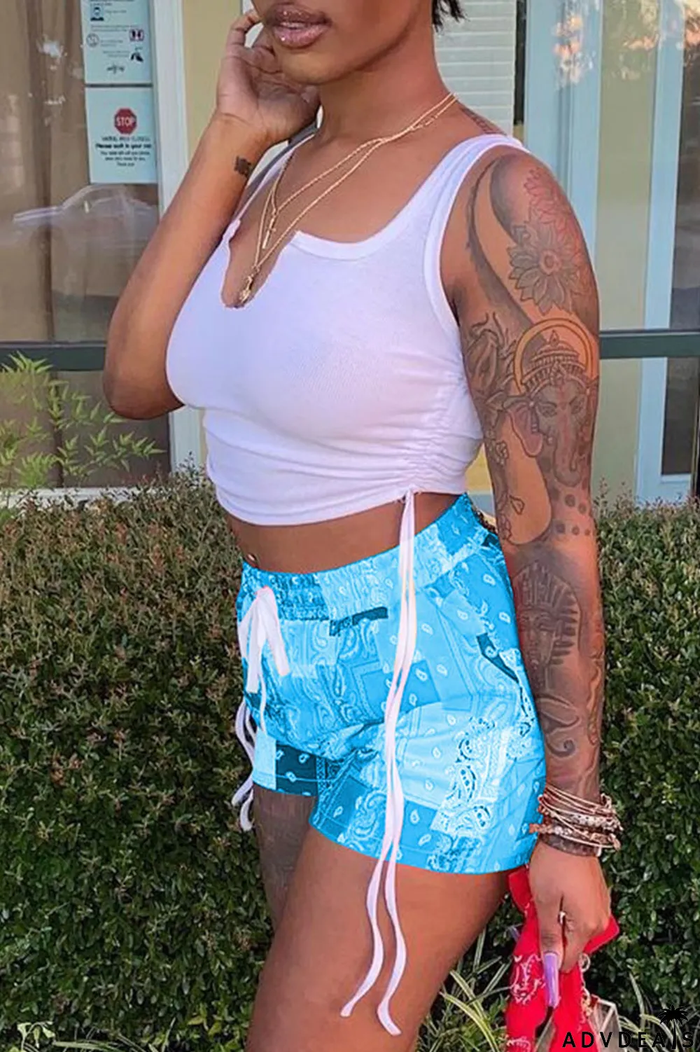 Grey Sexy Print Ripped Contrast Spaghetti Strap Sleeveless Two Pieces