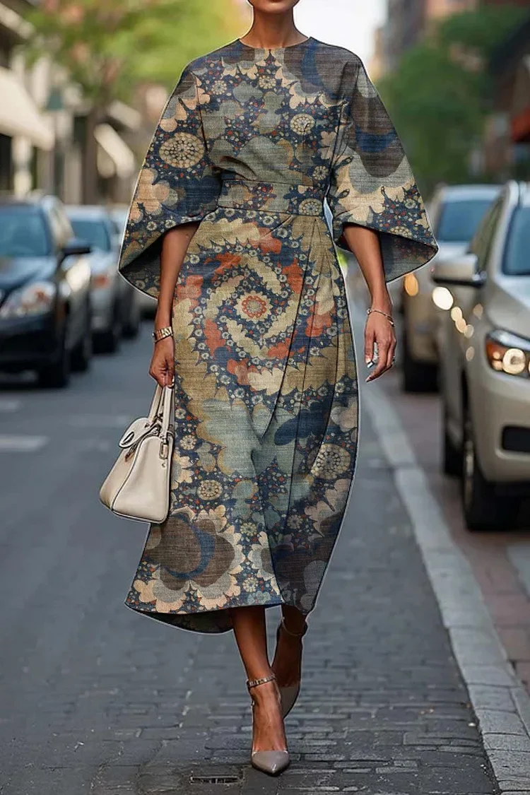 Women's Elegant Vintage Art Print Midi Dress