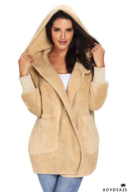 Khaki Hooded Open Front Soft Fleece Coat