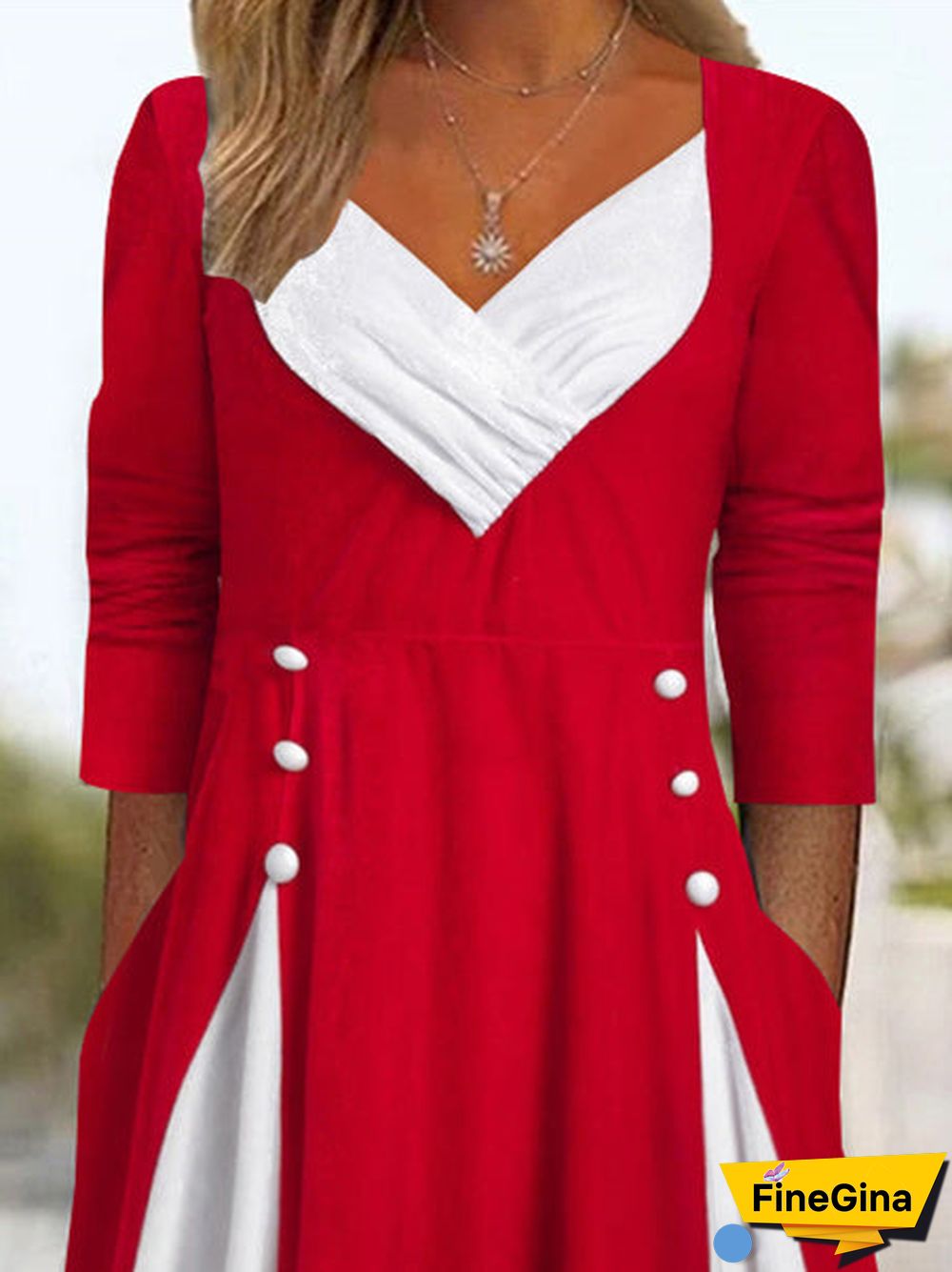 Women's Long Sleeve V-neck Colorblock Stitching Midi Dress