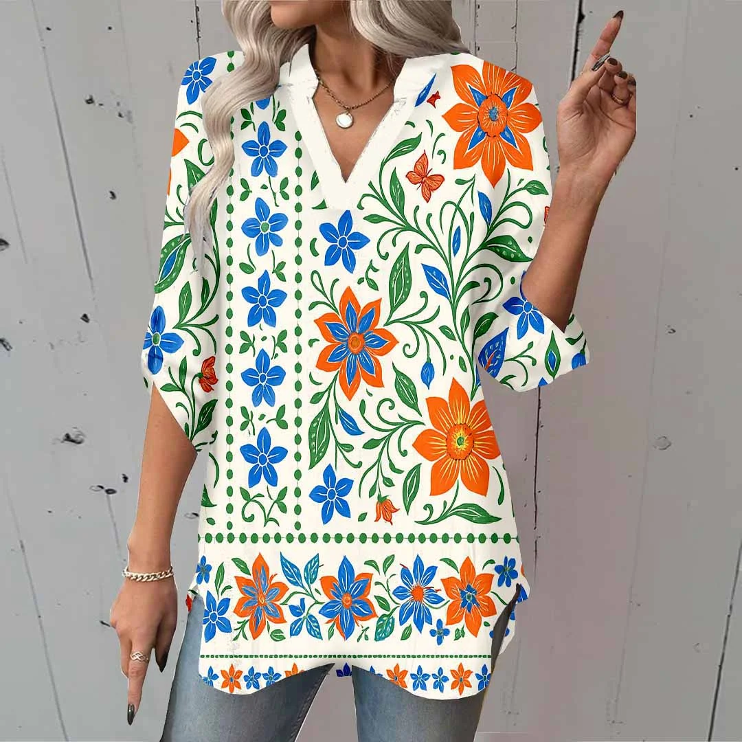 Women Tropical, Floral, Blue DZGA0088 3/4 Sleeve V-neck Printed Graphic Button Tops