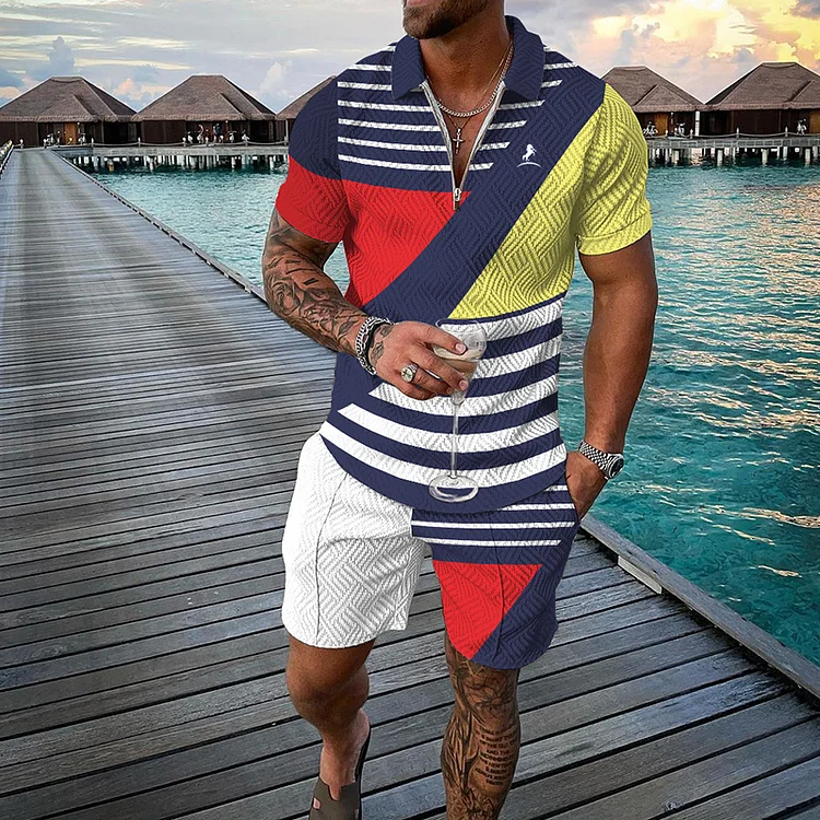 BrosWear Striped Color Block Short Sleeve Polo Shirt And Shorts Co-Ord