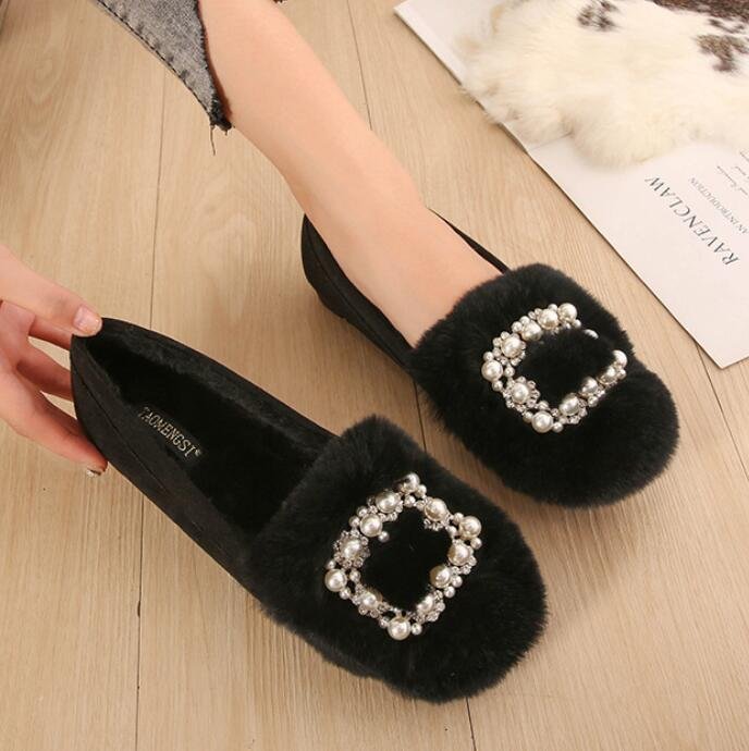Real Rabbit Fur Shoes Woman Winter Plush Cotton Flats String Beaded Buckle Loafers Ladies Plus Size Moccasins Fleeces Snow Shoes