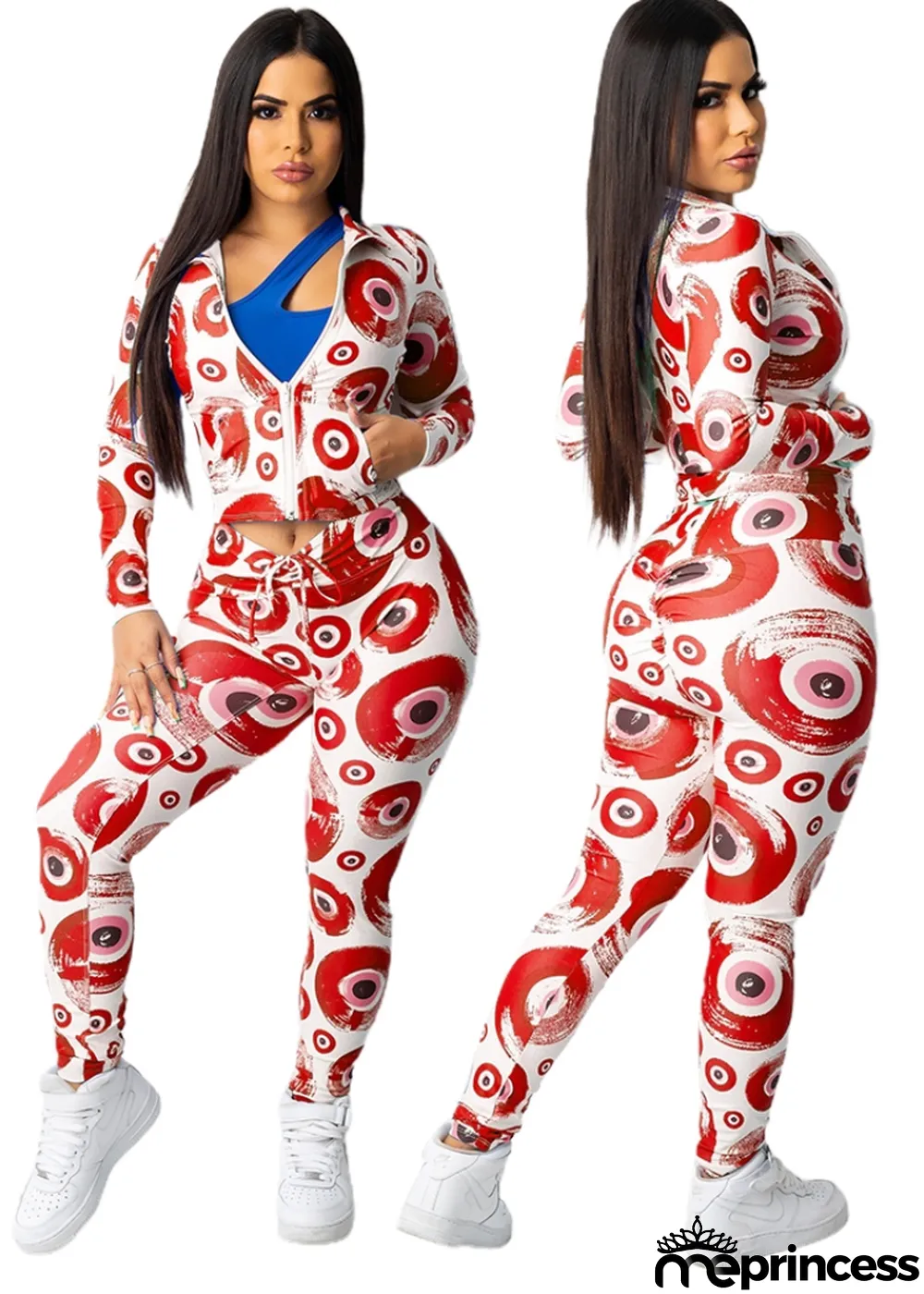 Fall Fashion Red Circle Print Zipper Long Sleeve Top And Pant Matching Set