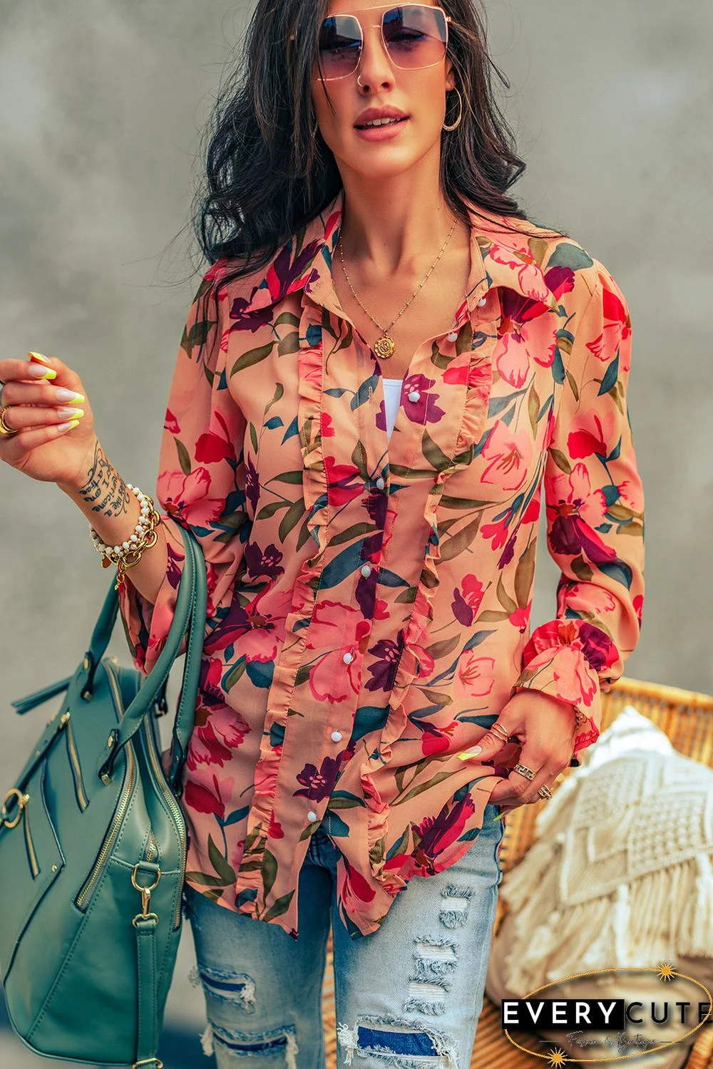 Red Floral Print Ruffled Long Sleeve Shirt