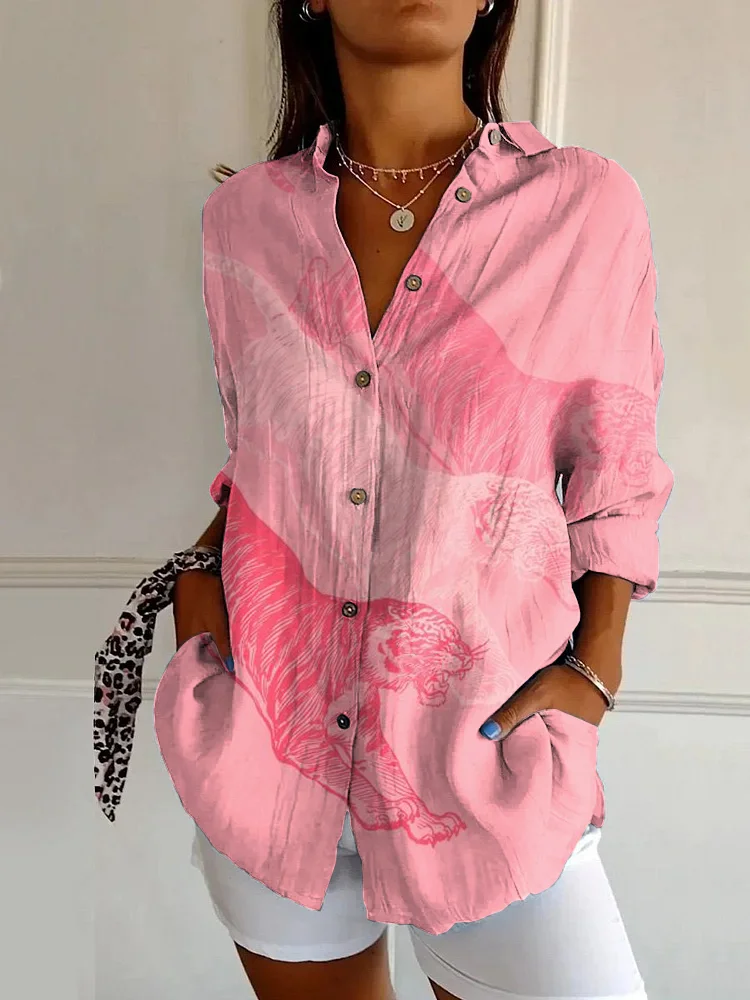 Pink Leopard Print Casual Long Sleeve Shirt