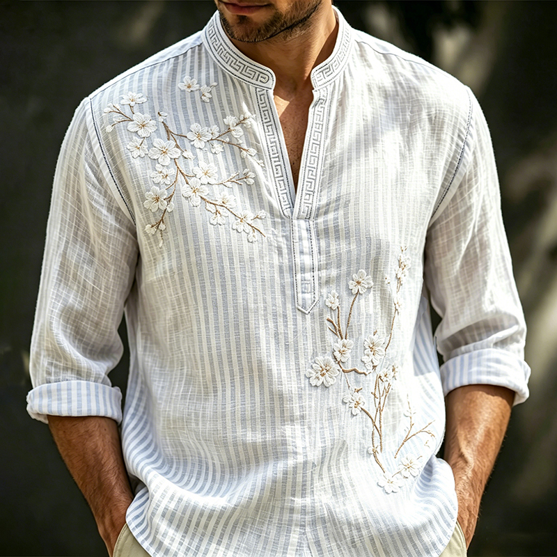 Retro Apricot Blossom With Stripe Art Linen Shirt elevenforest