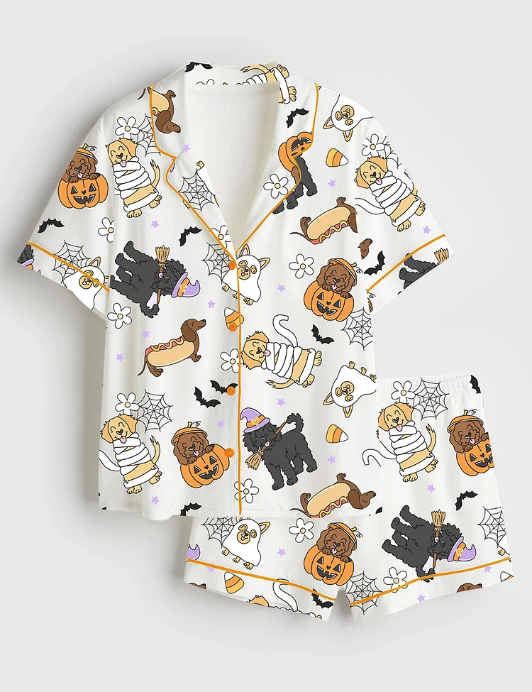 Women&rsquo;s Cute Halloween Dogs Spooky Halloween Pumpkin Just A Spooky Paw Print Short Sleeve Satin Pajama Set
