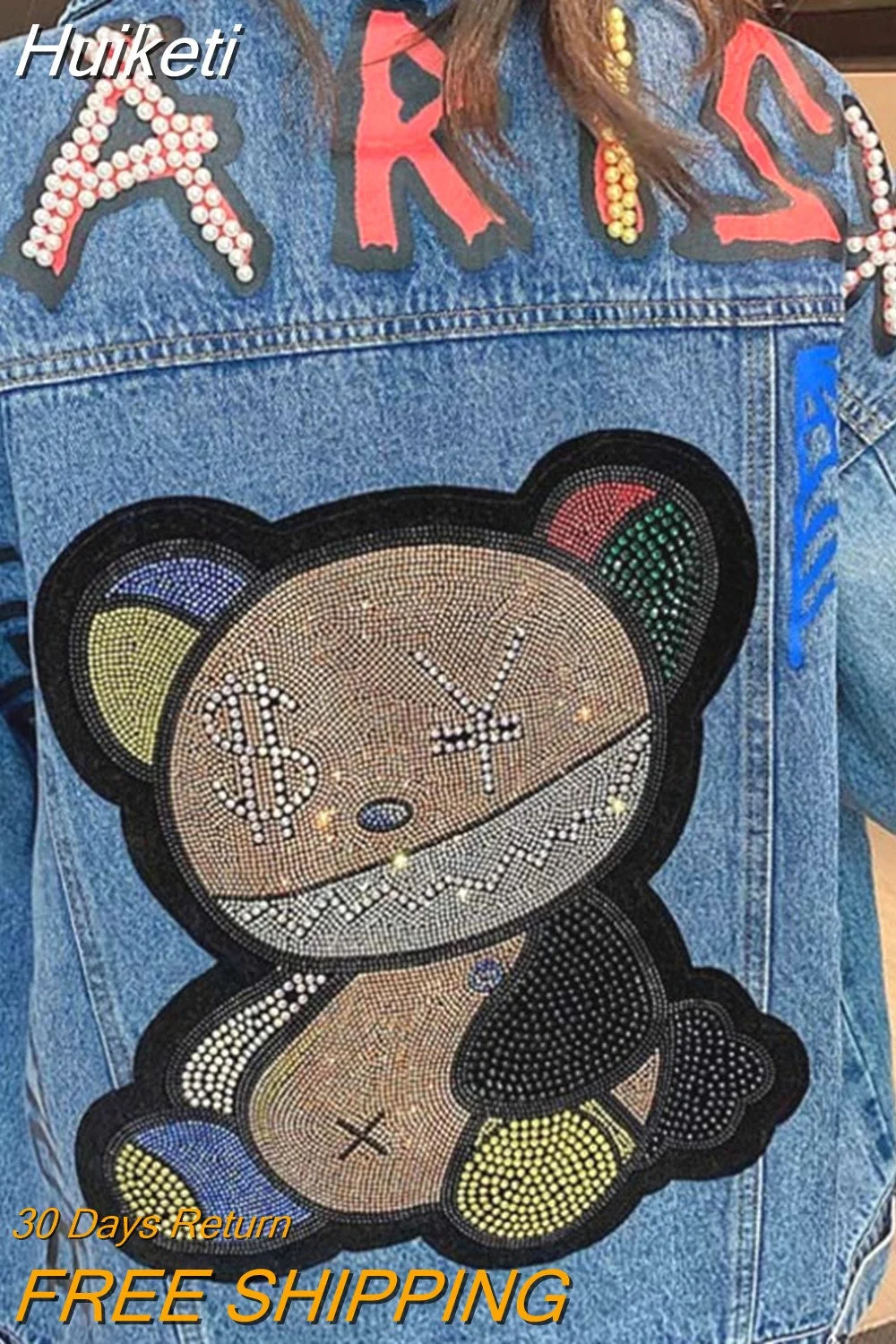 Huiketi Jacket Women Streetwear Fashion Beading Cartoon Bear Veste En Jean Pocket Lapel Loose Long Sleeve Print Jeans Coat Female