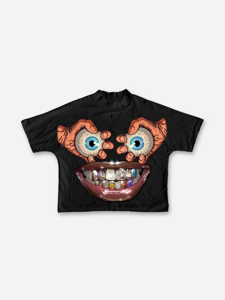 Simpfit Augen, Lippen, Zahnspange Retro Cartoon Grafik Cropped T-Shirt