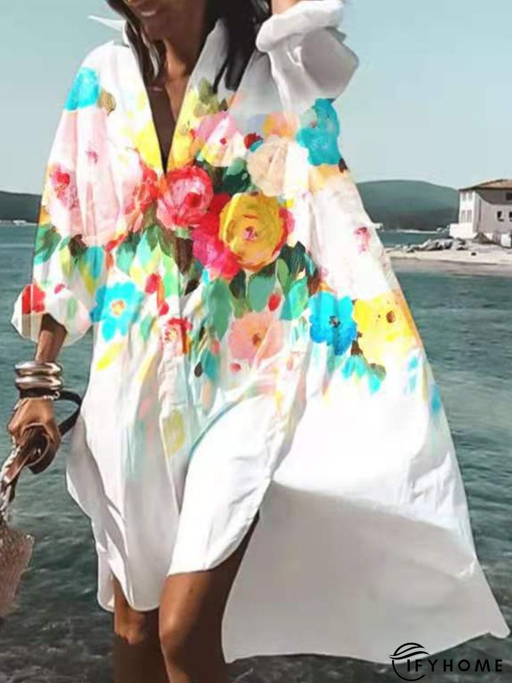 Floral Printed Shawl Collar Holiday Long Sleeve Casual Weaving Dress | IFYHOME