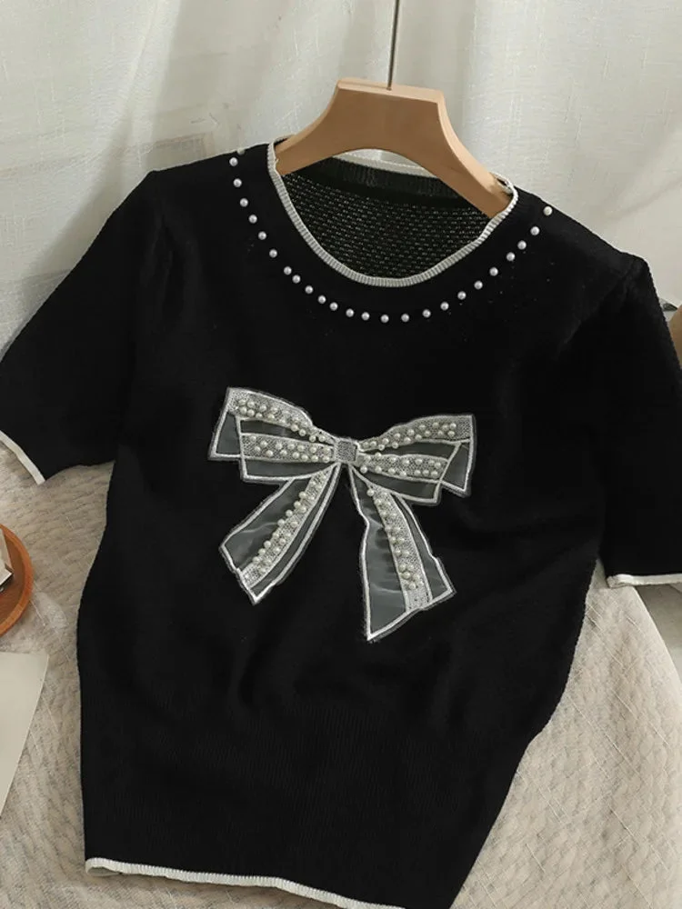 Huiketi version nail bead mesh bow round neck short sleeve top women's 2024 new waist closing thin knitted T-shirt