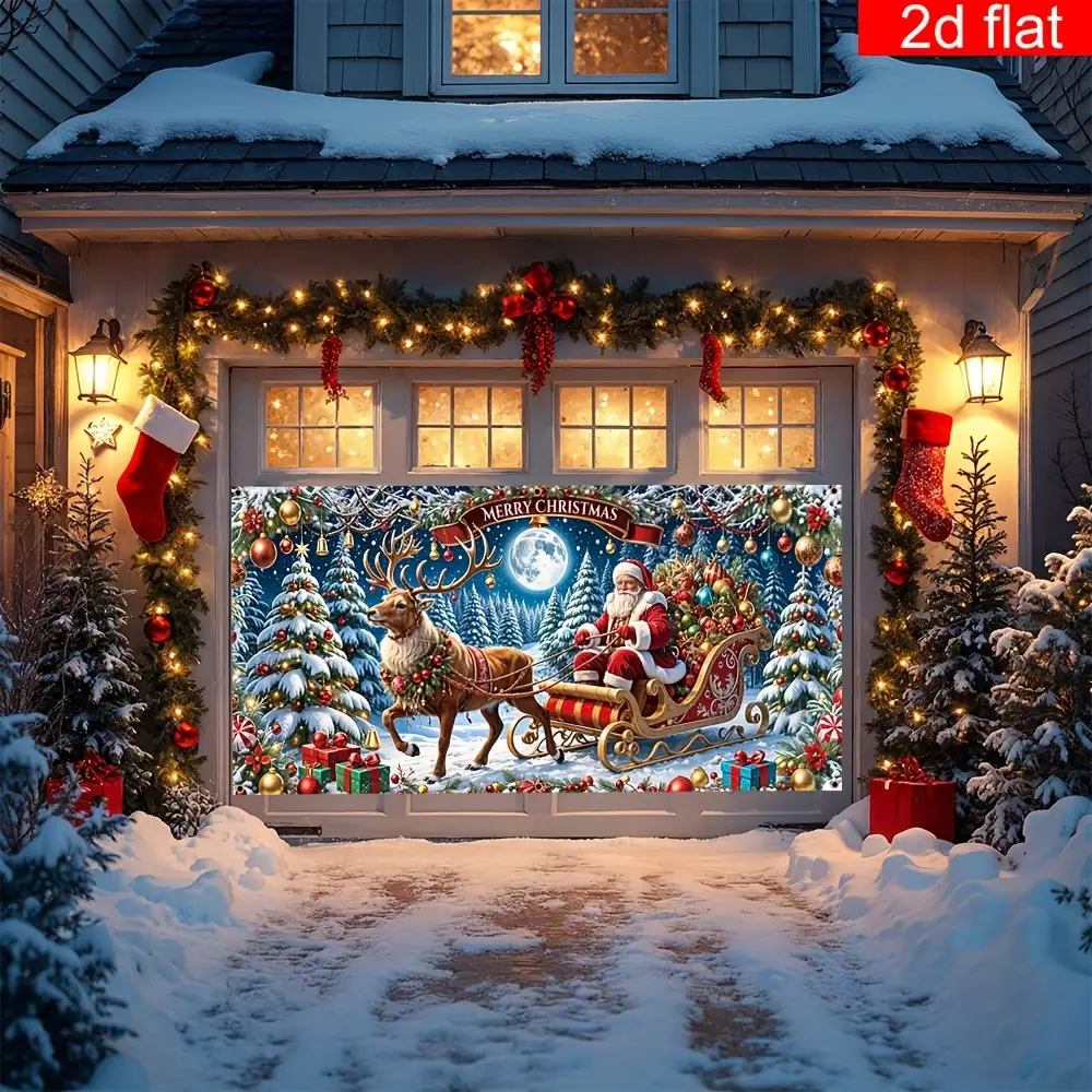 Tegooe Extra Large Christmas Garage Door Mural Banner - Santa Reindeer Sleigh Scene Backdrop for Holiday Outdoor Decoratio...