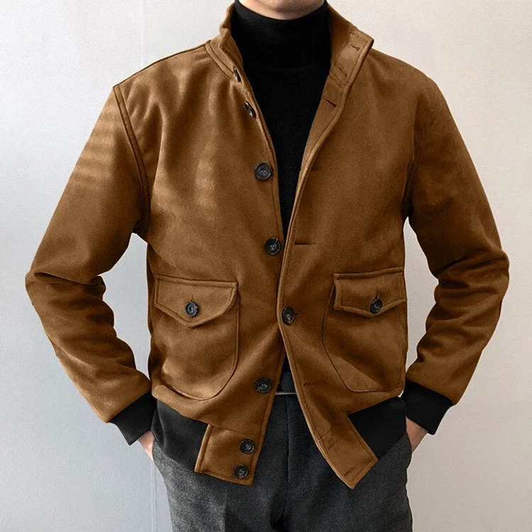 Autumn Winter Fashion Solid Jackets Mens Vintage Buttoned Turn-down Collar Coats Men Casual Long Sleeve Pockets Design Outerwear