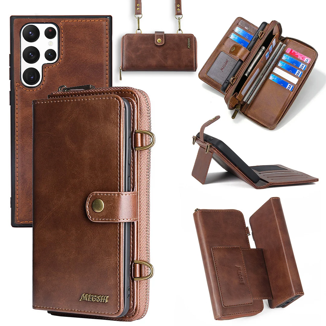Luxury Crossbody Retro Leather Phone Case With Detachable Wallet Card Slot,Zipper Slot,Adjustable Lanyard And Kickstand For Galaxy S22/S22+/S22 Ultra/S23/S23+/S23 Ultra