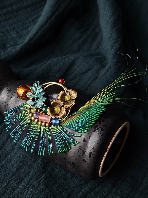 Vintage Peacock Feather Floral Brooch