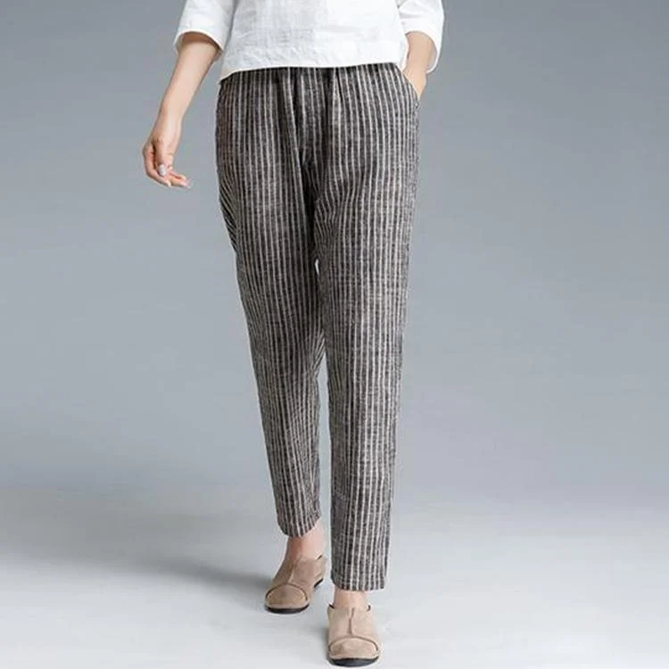 Plus Size Stripe Cotton Linen Women Pants