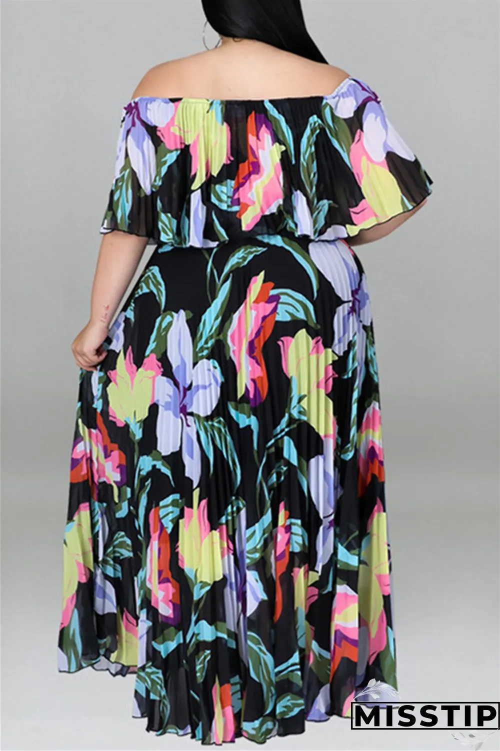 Black Fashion Casual Plus Size Print Patchwork Backless Off the Shoulder Long Dress