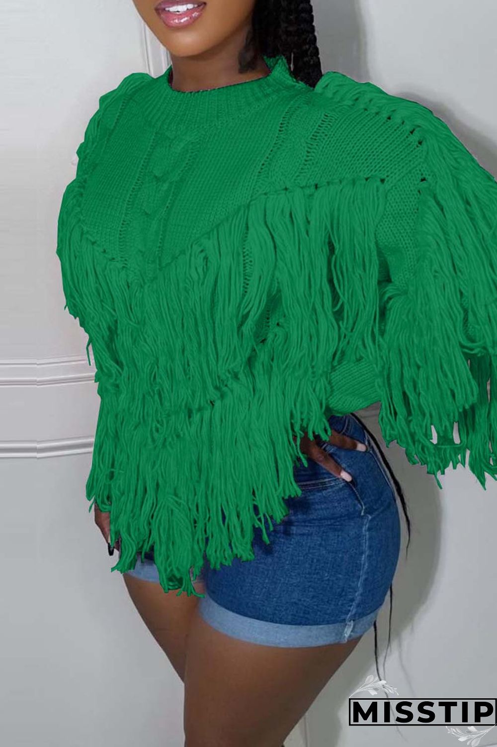 Black Casual Solid Tassel O Neck Tops