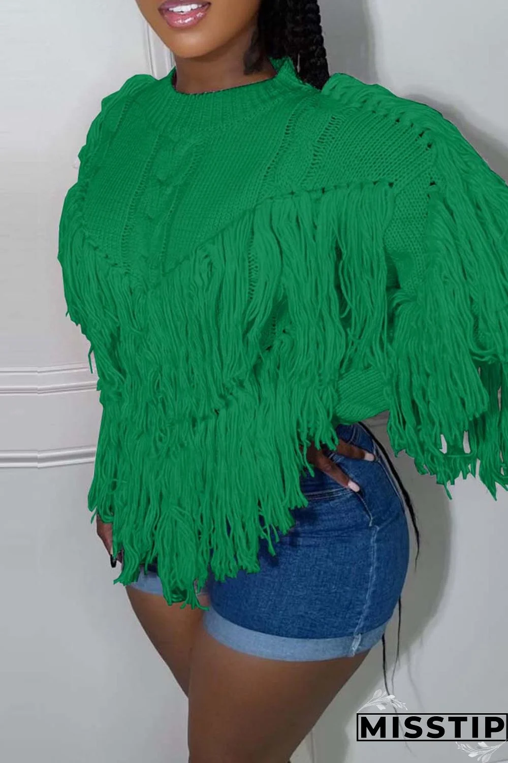 Black Casual Solid Tassel O Neck Tops