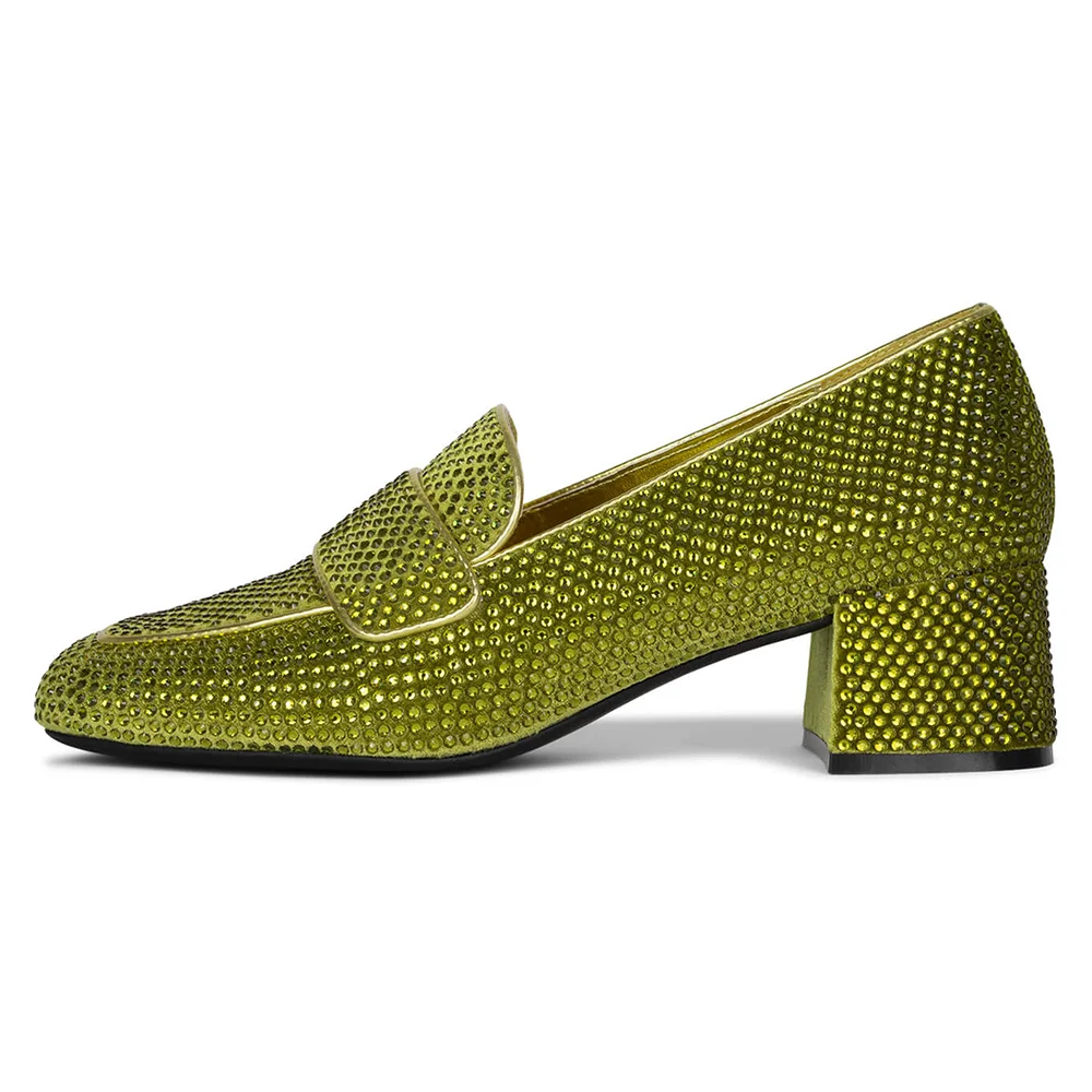Olive Velvet Square Toe Rhinestone Loafer Heels Sparkly Vintage Shoes Nicepairs